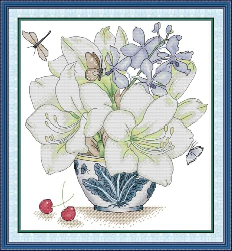 Zleiubisa Kreuzstich zum Selbermachen, Motiv: weiße Blumen, Libellen, 31 x 34 cm, Stoff mit Zubehör, vorgedruckte Sticksets für Erwachsene und Anfänger (Magnolie Liliflora) von Zleiubisa