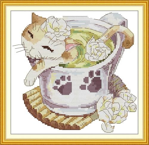 Zleiubisa Teetasse Katze DIY Kreuzstich Kunst Handwerk 29 x 28 cm Stoff mit Zubehör, 11 Karat vorgedruckte geprägte Sticksets für Erwachsene und Anfänger (Kätzchen) von Zleiubisa