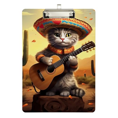 Acryl-Klemmbrett mit Cartoon-Katze, die Gitarre spielt, Acryl-Klemmbretter für Medizinstudenten, A4, Briefgröße 31,8 x 22,9 cm, silberfarbener Clip von Zltegako