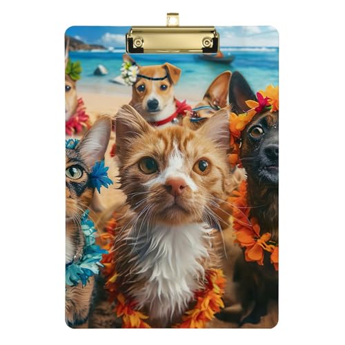 Lustige hawaiianische Kleidung Katzen Hunde Klemmbretter Acryl-Klemmbrett für Lehrer, A4 Briefgröße 31,8 x 22,9 cm, Goldclip von Zltegako