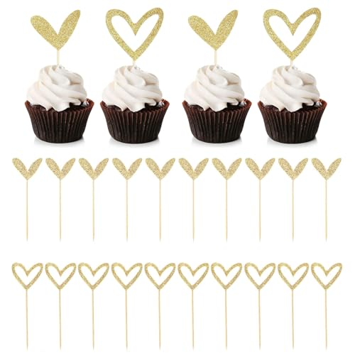 24 Stück Gold Glitter Herz Cupcake Topper - Nettes Design Liebe Cupcake Topper - für Hochzeit Braut Jubiläum Baby Dusche Party Dekorationen Lieferungen von ZmdecQna