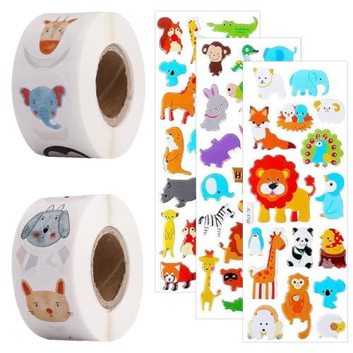 Animal Sticker, 2 Rolle Selbstklebende Runde Belohnungs Aufkleber + 3 Stück 3D Lebhaft Tier Aufkleber Farbig Aufkleber Geschenkpapier Dekoration für Kinder Jungen Mädchen Lehrer von ZmdecQna