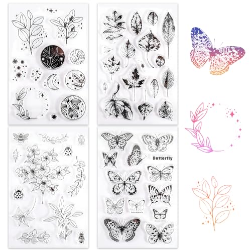 Silikonstempel, 4 Stück Clear Silikonstempel Blumen Farn Schmetterling Pflanzen Sprüche Vintage Silikon Stempelset für DIY Journal Scrapbooking Geburtstag Stempelset von ZmdecQna