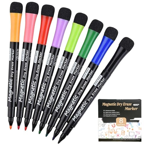 ZmdecQna Whiteboard Marker, 8 Farben Magnetischer Whiteboard Stifte mit Schwamm Rundspitze 1-2mm Trocken Abwischbarer Kreidemarker für Zuhause Schule Büro von ZmdecQna