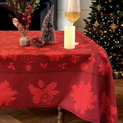 Zmorfiya Rot Weihnachten Tischdecke 130x220cm, Abwischbar Rechteckig Tischdecken mit Poinsettia Blätter Blumenmuster, Wasserabweisend Waschbar Tischdecke Tischtuch für Fest Küche Winter von Zmorfiya