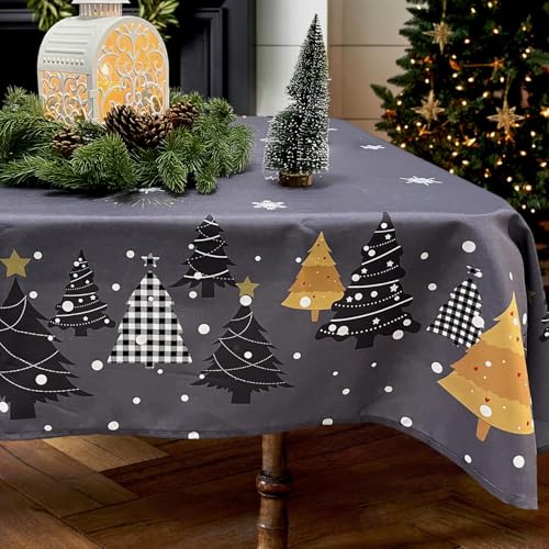 Zmorfiya Weihnachten Tischdecke, Dunkelgrau Abwaschbar Tischdecke 130x220cm, Wasserabweisend Tischtuch mit Schneeflocke Tannenbaum Feuerwerk, Rechteckig Tischwäsche Deko für Winter Party von Zmorfiya