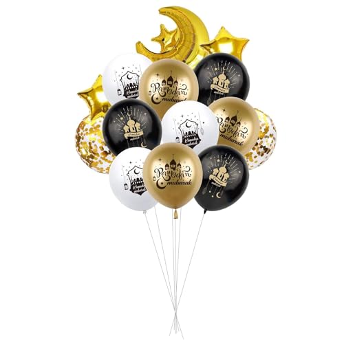 14STK Ramadan Deko Luftballons 12" groß, Ramadan Kareem Schwarz Gold Weiß Konfetti Latexballons, Mondstern Folienballons für Ramadan Eid Islamisches Mubarak Festival Party Dekoration von Zmupl