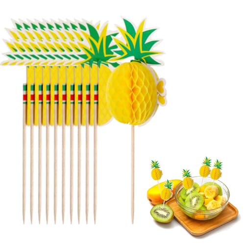 50 Stück 3D-Ananas-Cocktailspieße aus Holz, hawaiianische Party-Dekorationen, Kuchenaufsätze, Cuptake, Obst, Essen, Cocktail-Zubehör für Getränke, hawaiianische Luau-Sommer-Strand-Party-Dekorationen, von Zmupl