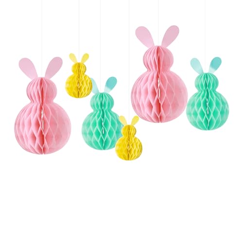 6STK Ostern Deko Hasen Hängende Ornamente, Osterhasen Papier Wabenball Bunte Hängende Anhänger Ostern Party Deko Zubehör Foto Requisiten Backdrops Party Favours für Kinder von Zmupl