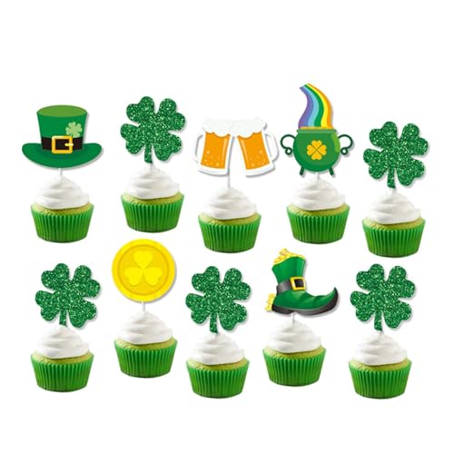 Kuchendekorationen St. Patricks Day, vierblättriges Kleeblatt, glitzernd, grün, irisches Kleeblatt, Cupcake-Topper, 12 Stück von Zmupl