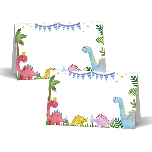 Zmyollo Dinosaurier-Tischkarten – 25 Zeltkarten – tropische Dino-Themen-Lebensmittel-Etiketten – Namenskarten für Tischdekoration – Namenskarten für Geburtstagsparty Babyparty – einkerbt für einfaches von Zmyollo