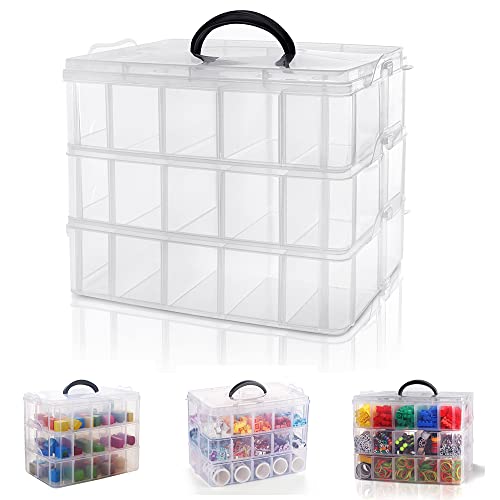 Znamhee Fächer Sortierbox groß, Plastik Aufbewahrungsbox mit Tragegriff, Transparent, praktisch Sortier für Verschiedene Kleinteile, Bastel-Material, Spielzeug, 3 x 10 Fächer von Znamhee