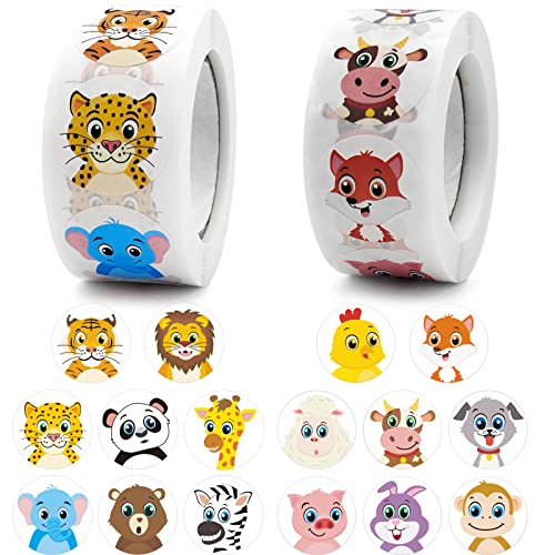 ZoZoMaiy 1000 Stück Tier Belohnungsaufkleber Rolle Kinder Animal Sticker Rolle 2.5cm Selbstklebende Runde Belohnungs Sticker mit 16 ArtenTier für Schule Lehrer Use Geschenken, Kindergeburtstag von ZoZoMaiy