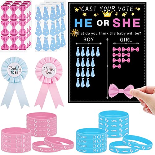 77 Pcs Gender Reveal Party Deko Geschlecht Verkünden 1 Stk Abstimmung Poster 50 Pcs Stickers 20 Pcs Team Girl or Boy Armbänder Spiele Mitgebsel für Enthüllung Party Baby Shower Babyparty von Zocipro