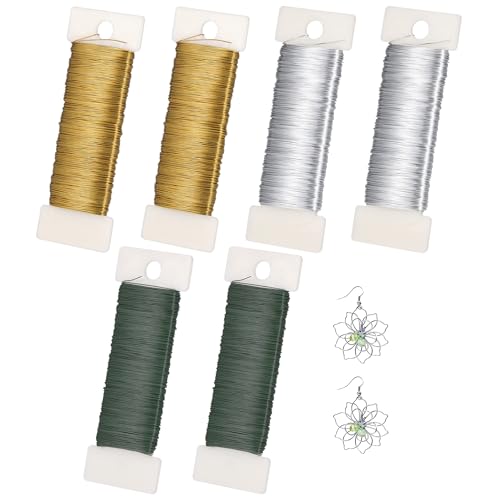 Zocipro 0,35mm x 300m Basteldraht Dünn, 6 Rollen Draht zum Basteln Gold Grün Silber, Dünner Draht Blumendraht Dünn Schmuckdraht Wickeldraht für Basteln Weihnachten Deko Handwerk Pflanzen Blumen von Zocipro