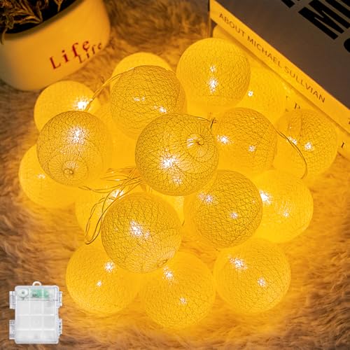 Ciskotu Baumwollkugeln Lichterkette Innen, Cotton Ball Lichterkette Batteriebetrieben 20 LED Kugeln Lichterkette für Kinderzimmer Weihnachten Party Garten Terrasse von Ciskotu