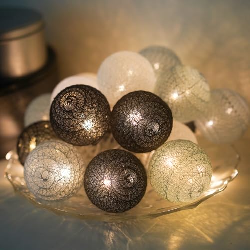 Ciskotu Lichterketten Inne Batterie, 3.8M Lichterkette Lampions 20 LED, Cotton Ball Lichterkette Kugeln für Kinderzimmer Weihnachten Party Garten Terrasse (Grau) von Ciskotu