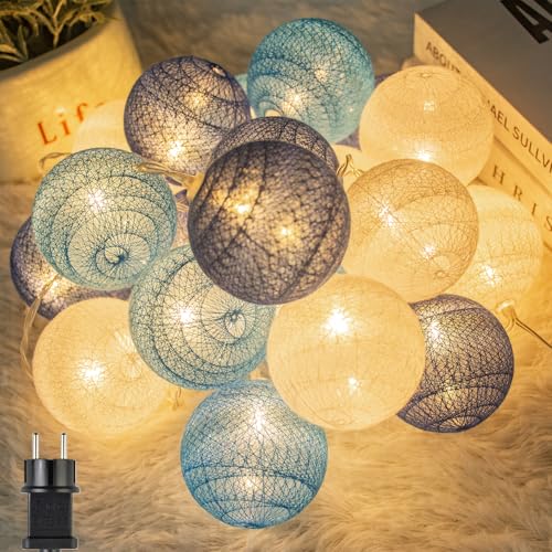 Ciskotu Lichterkette Innen, Baumwollkugeln Lichterkette Cotton Ball Lichterkette 20 LED Kugeln Lichterkette Innen mit Stecker für Kinderzimmer Schlafzimmer Weihnachten Hochzeit Party (Blau) von Ciskotu