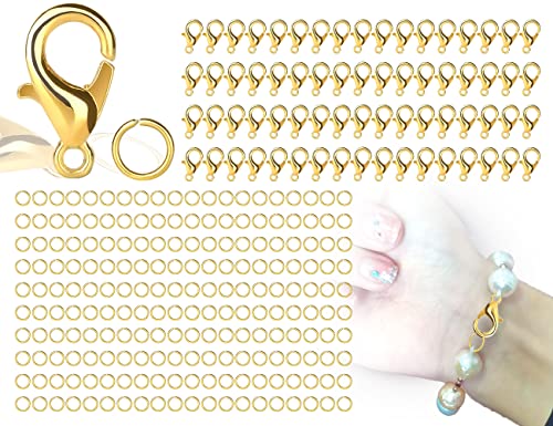 300 Stück ZoeTekway Kettenverschluss Set, verschlüsse für armbänder Halsketten, 100 Stück Karabinerverschlüsse Silber Schmuckverschlüsse mit 200 Stück Öffnen Biegeringe, Schmuckherstellung(Golden) von ZoeTekway