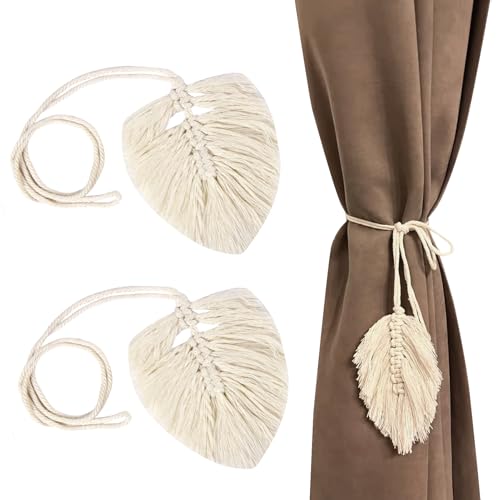 Vorhang Raffhalter, 2 Stück Boho Vorhang Zugband, Handgefertigt Raffhalter Gardinen mit Blattförmiger Macramee Gardinenhalter für Haus, Büro, Wohnzimmer, Schlafzimmer Deko (Beige) von ZoeWei