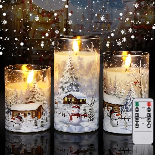 Led Kerzen, Led Kerzen mit Timerfunktion, Led Kerzen Flackernde Flamme im Glas-Schneemann, Haus, Baum-Design, Led kerzen mit Fernbedienung,Led Kerze 4/5/6 inch Set, für Weihnachtsdeko,Weihnachtskerzen von Zofory