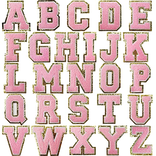 Zogify Aufbügler mit Buchstaben A-Z, goldener Glitzer und rosa Chenill, Varsity-Initialen-Aufnäher, selbstklebender Aufkleber, Buchstabenaufnäher für Team-Kostüm, Dekoration, 7,9 cm Höhe, von Zogify