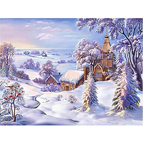 Diamond Painting 5D Diamant Painting Set,DIY Diamant Painting Vollbohrer Kit,Geschenk für Erwachsene Kinder,Wohnzimmer Schlafzimmer Wand Und Eingang Dekoration Winterlandschaft Round Drill 40x50cm von Zolne