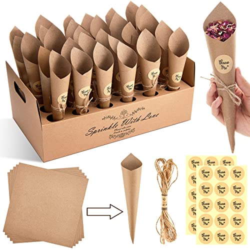 30 Stück Party Hochzeit Konfetti Kegel Halter Box Set Ständer Tablett Blütenblätter Blumenstrauß Süßigkeiten Konfetti Kraftpapier Kegel inklusive Seilen und Aufkleber (Braune Papier Farbe) von Zomiboo