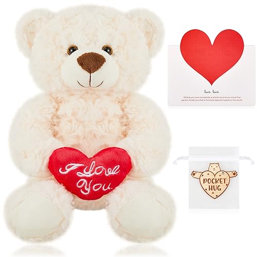 Zomiboo I Love You Weißer Plüschbär mit Rotem Herz 22 cm Liebe Bär Geschenk für Sie und Ihn Stofftier Weiches Spielzeug mit Grußkarte Holz Umarmung Schild Organzabeutel für Weihnachten Valentinstag von Zomiboo