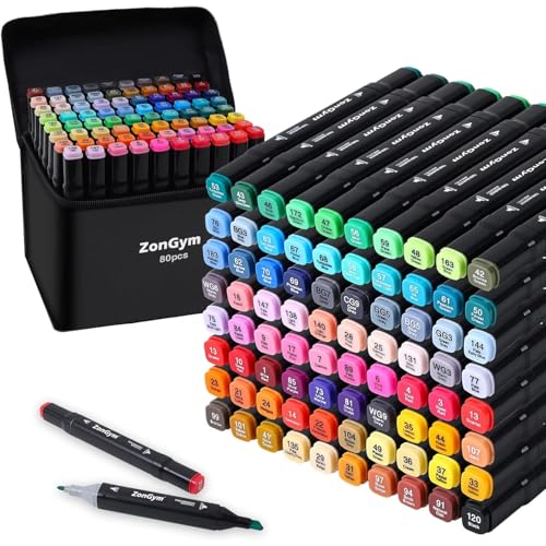 ZonGym Alcohol Markers Brush Tip, 80 Colouring Dual Tip Markers Set, Quick Drying Permanent Marker Pens, Graffiti Pens for Manga Artists, Painting, Drawing, Anime, Sketching with Carrying Case von ZonGym