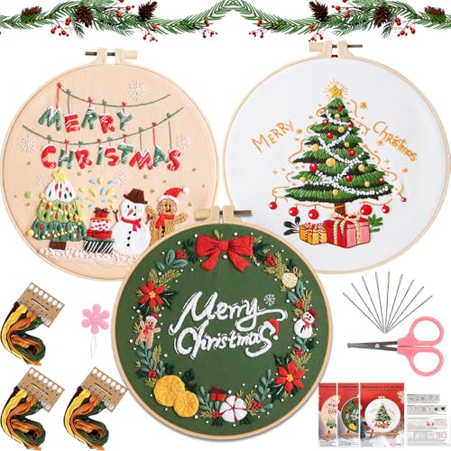 3 Sets Stickerei Set mit Weihnachtsmuster,ZoneYan Stickerei Set Weihnachten,Sticken Set Erwachsene,Weihnachten Kreuzstich,Embroidery Kit,Mit Stickrahmen, Farbfäden Und Werkzeuge,Stickset für Anfänger von ZoneYan