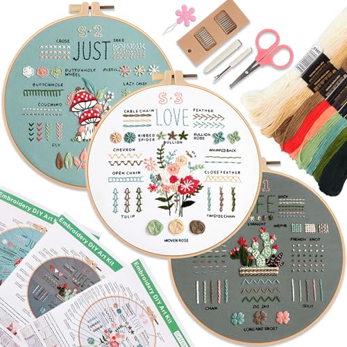 ZoneYan 3 Stück Sticken Set Erwachsene, Stickset für Anfänger,Blumenmuster Pflanzen Stickset Erwachsene Stickerei Set,Embroidery Kit,Mit Stickrahmen, Farbfäden Anleitung,Und Werkzeuge,Kreuzstich Set von ZoneYan