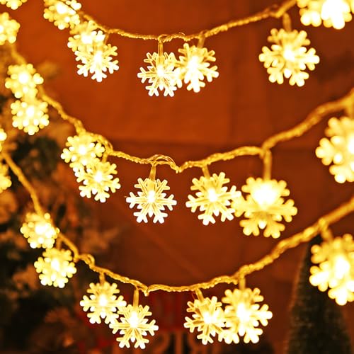 ZoneYan Weihnachten Schneeflocke Lichterketten, 6M 40 LED Batteriebetriebene Lichterketten, 2 Modi Wasserdicht Weihnachtsbeleuchtung für Innen Außen Hochzeit Geburtstag Party Gärten Weihnachtsdeko von ZoneYan