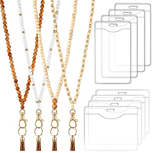 12 Stücke Holz Perlen Lanyards und Kartenhalter Set, einschließlich 4 Holzperlen Nackenband Bohemian Bead Lanyards mit Quaste und 8 klare Kartenhalter im 2 Stil für Schlüssel von Zonon