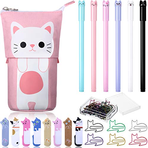 Süß Katze Schreibwaren Set, 1 Leinwand Teleskopisch Stift Halter Transformator Mäppchen, 6 Bunt Katze Gel Tintenstifte, 30 Katzen Papier Clips Lesezeichen und 240 Haftnotiz Seite Index Tabs von Zonon