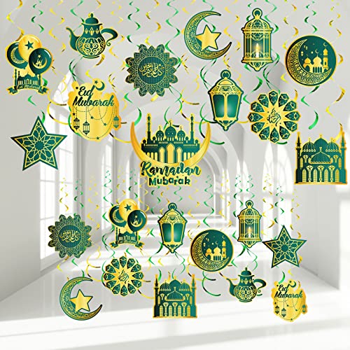 Zonon 30 Stück Ramadan Mubarak Wirbel Deko Leuchtender Eid Mubarak Hängender Wirbel Gold Stern Mond Laterne Deckenfolie Eid Ramadan Wirbel ür Eid Al-Fitr Ägyptische (Dunkelgrün und Gold) von Zonon