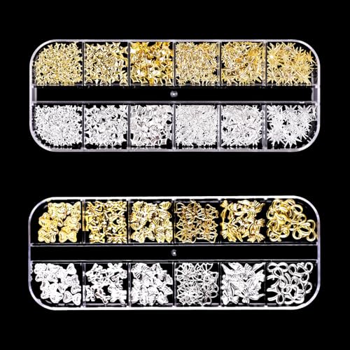 Zonoori 2 Boxen Nail Charms Gold Silber, Metall Charms Nails, Stern Schleifen Charms Nägel von Zonoori