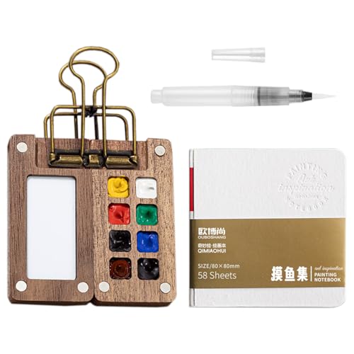 Zonoori 3 Stück Mini Aquarell Set, 8 Grids Portable Mini Palette Holz mit Aquarellpapier Journal, Aquarellpinsel Stifte und Binder-Clips von Zonoori