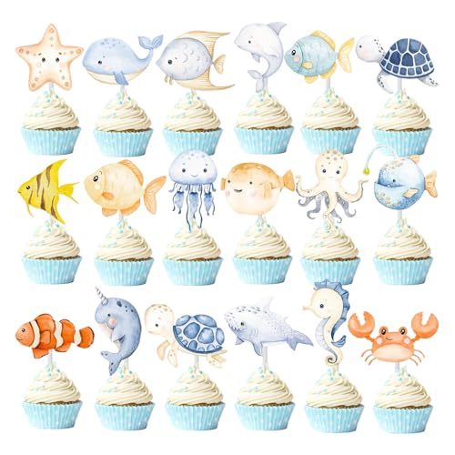 Zonoori 36 Pcs Unterwasserwelt Tortendeko Meer, Meerestiere Essbare Schmetterlinge für Torte, Cupcake Topper Kinder von Zonoori