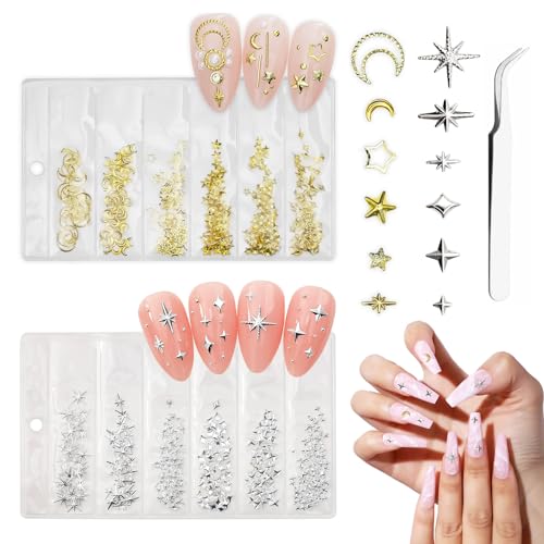 Zonoori 400 Stück Nail Charms Gold, Charms 3d Stern Nägel Gold mit Pinzette(Gold+ Silber) von Zonoori