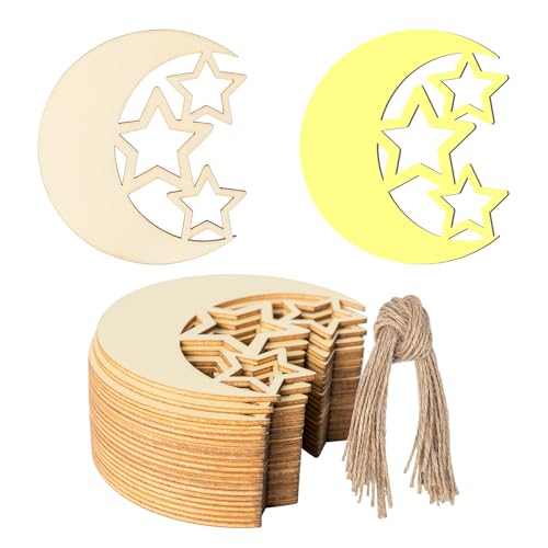 20 Stück Mond Stern Form Holz Weihnachten blanko Holz mit Bindfäden Kunst unlackierte Ornamente für Weihnachten Hochzeit Geburtstag Party Weihnachten Thanksgiving Day Dekoration von Zontween