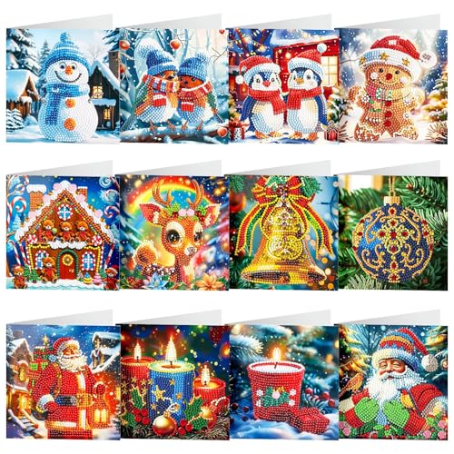 Zoomarlous Diamond Painting Weihnachten, 12 Stück 5D Diamond Painting Weihnachtskarten Mit Umschlag Set Diy Grußkarten Für Weihnachten Christmas Cards Postkarten Für Weihnachten, Feiertage von Zoomarlous