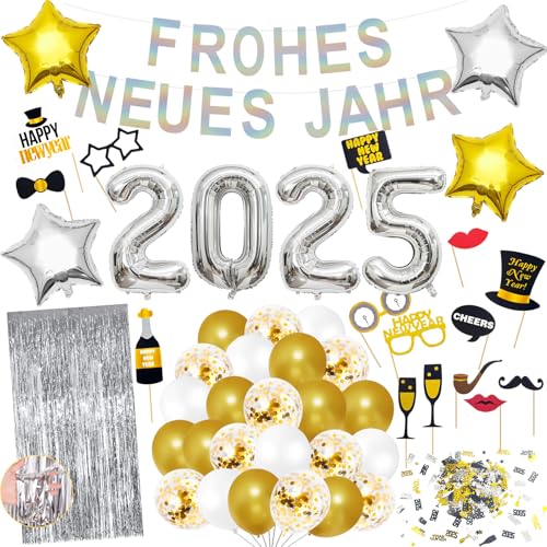 Silvester Deko 2025 Dekoration Set,Happy New Year Girlande,Neujahr Silvesterdeko,Fotorequisiten als Dekoration zu Neujahr,2025 Luftballons,Silvesterpartydeko Accessoire für Silvesterparty von Zoonvii