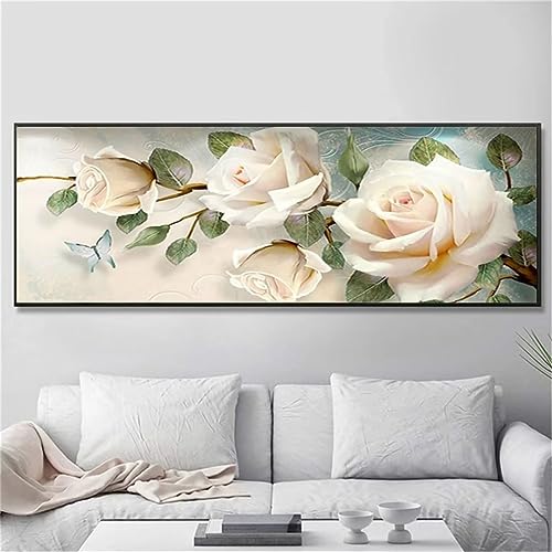 5D Diamond Painting Set für Erwachsene,Weiße Rose Blume DIY 5D Diamant Painting Bilder Diamant Malerei Kristall Stickerei Strass Kreuzstich Kunst Craft für Home Wand Decor Square Drill,40x120cm von Zoordar