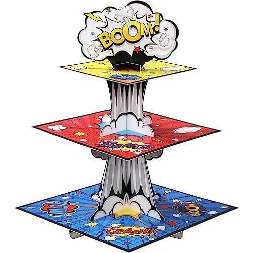 Zopeal 3 Tiers Hero Cupcake Stand Hero Theme Party Supplies Action Hero Cupcake Holder Hero Themed Treat Stand Cupcake Tower for Boys Girls Comic Book Birthday Decorations von Zopeal