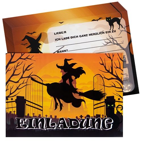 Zoriwn 12 x Halloween Einladungskarten Kinder,Einladung Halloween Kinder Erwachsene,für Eine Schaurig Schöne Halloween Party,Kürbis Schwarze Katze Hexenhut Fledermaus Grab von Zoriwn