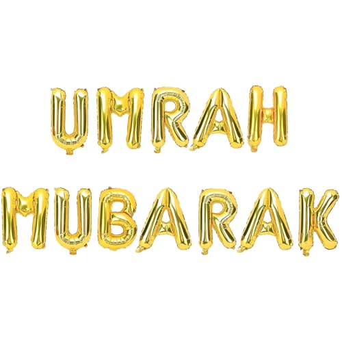 Umrah Mubarak Ballons, goldene Aluminiumfolien Ballon Dekoration mit Buchstaben, Umrah-Mubarak-Geschenke mit Strohhalm und Band zum einfachen Aufblasen und Aufhängen von Partyzubehör (Ballon) von Zoruam