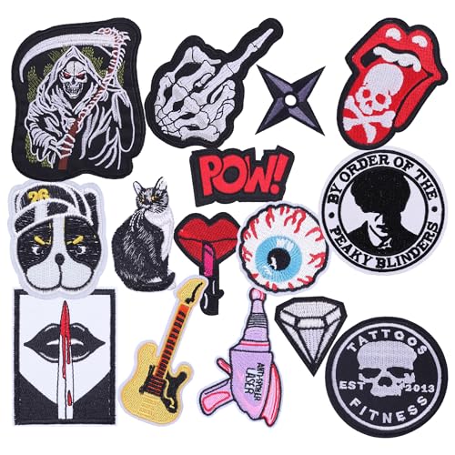 ZOTOONE Aufnäher zum Aufbügeln für Kleidung, Rockmusik, Gitarre, Motiv: Punk, Totenkopf, Finger, Zunge, Auge, bestickt, für Rucksäcke, Jeans, Hüte (15 Stück) von Zotoone