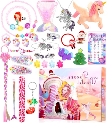 Adventskalender 2024 Mädchen Weihnachten Geschenke 6-12 Jahre Einhorn Schmuckbastelsets Geschenke für Mädchen Ohrringe, DIY Schmuck, Charms, Haarschmuck, Aufkleber Weihnachten Spielzeug von Zounin