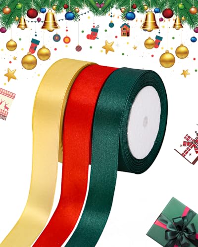 Geschenkband weihnachten 3 Rollen, Satinband 25mm, 22.8Meters Dekoration Geschenkband breit Schleifenband, für Weinachten, Hochzeit,Dekoration, Geschenkverpackung, Schleife(Rot Dunkelgrün Gold) von Zounin